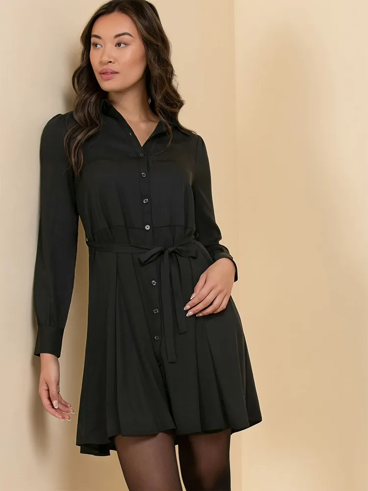 Collared Button-Front Dress with Tie Waist