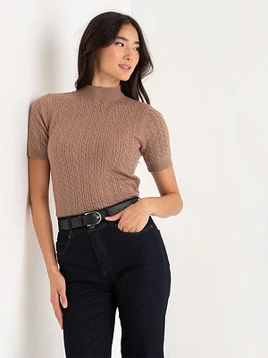 Mock Neck Elbow Sleeve Cable Sweater