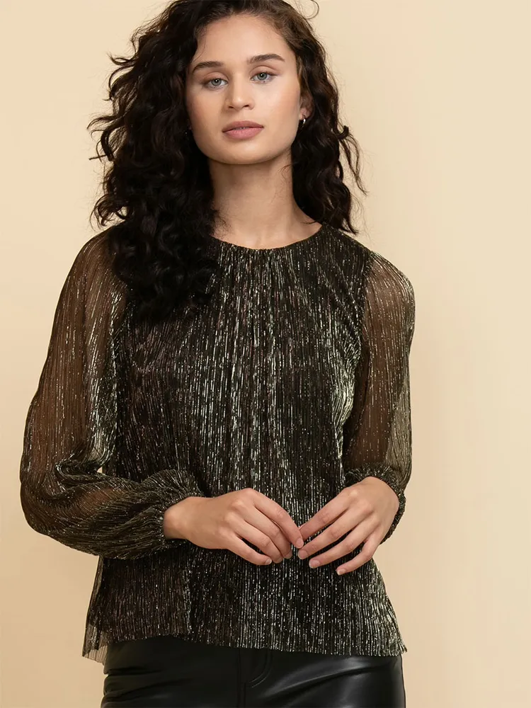 Metallic Sheer Sleeve Crewneck Blouse