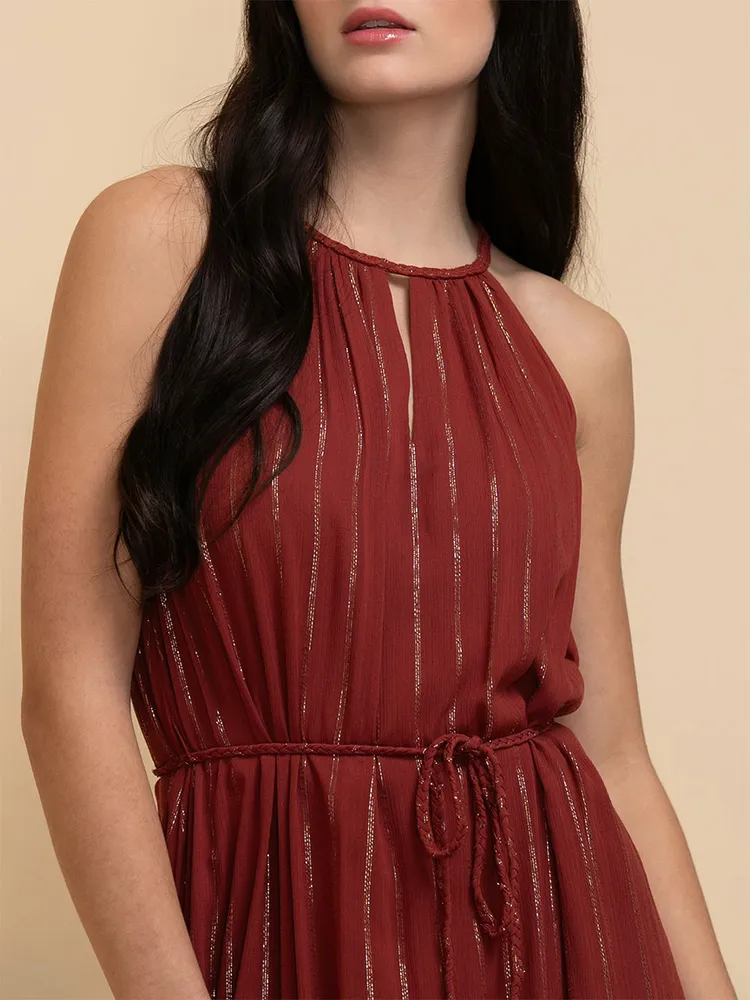 Braided Glitter Halter Dress with Tie Belt