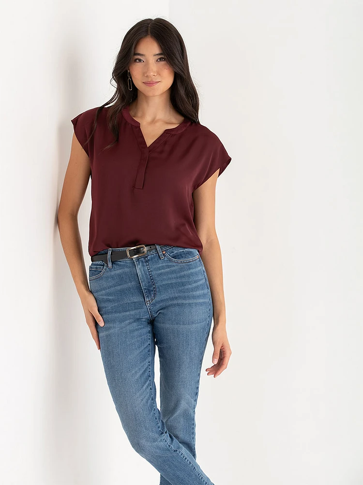 Linny Satin Extend Sleeve Henley Blouse