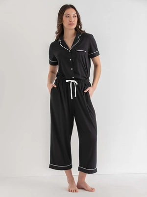 Short Sleeve Button Down Shirt with Crop Pant Sleep Set
