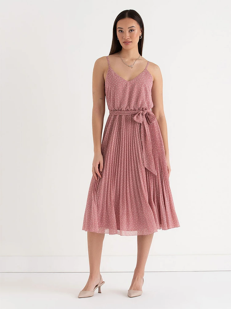 V-Neck Pleated Skirt Midi Dress