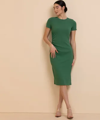 Short Sleeve Side Ruch Ribbed Midi Dress
