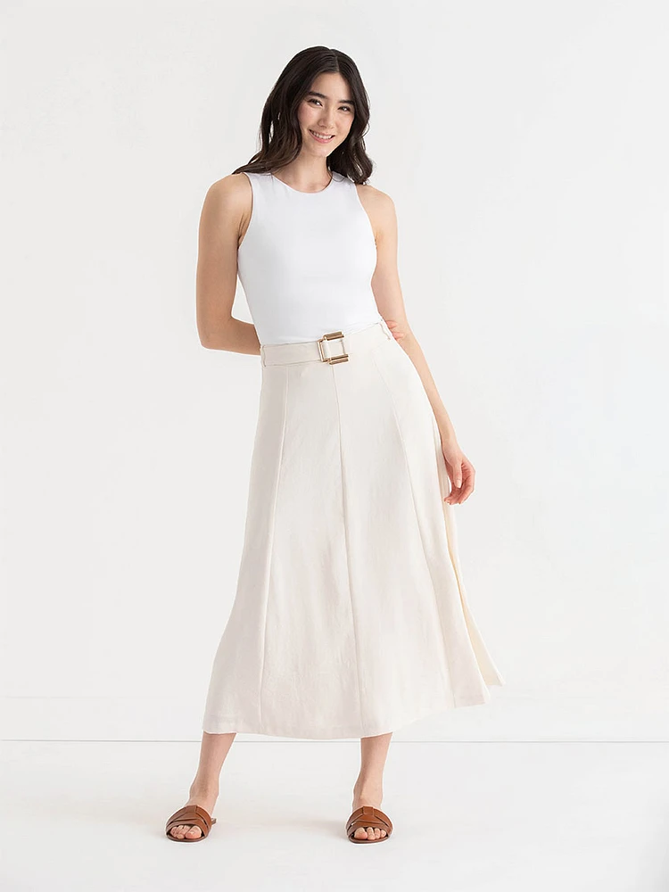 A-Line Textured Midi Skirt with Buckle