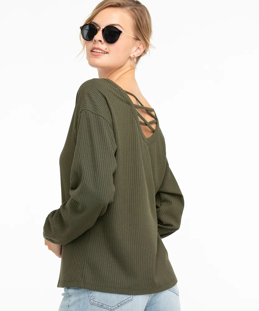 Ribbed Long Sleeve Back Detail Top