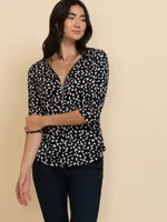 V-Neck Zipper 3/4 Sleeve Top