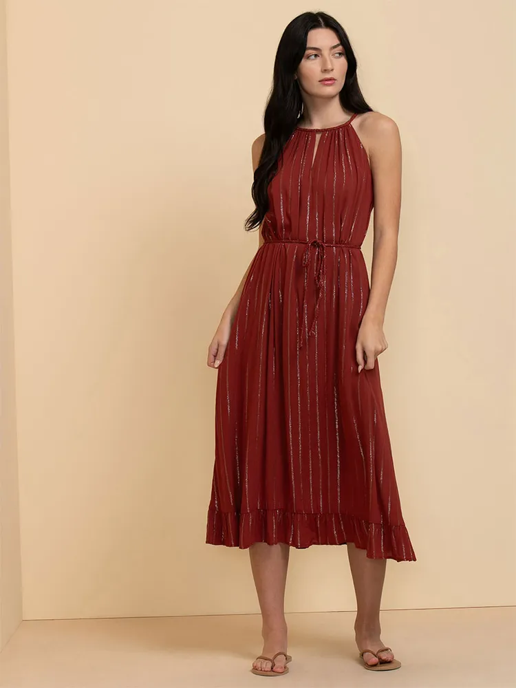 Braided Glitter Halter Dress with Tie Belt