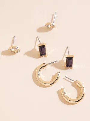Studded Gold Pave Circle + Emerald Cut + Hoop Earring Trio