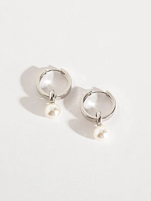 Pearl Drop Silver Huggie Earrings