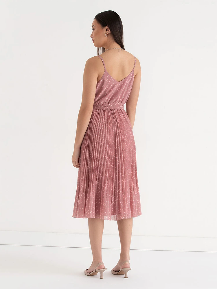 V-Neck Pleated Skirt Midi Dress