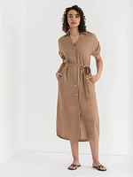 Linen Shirtdress with Roll Sleeves