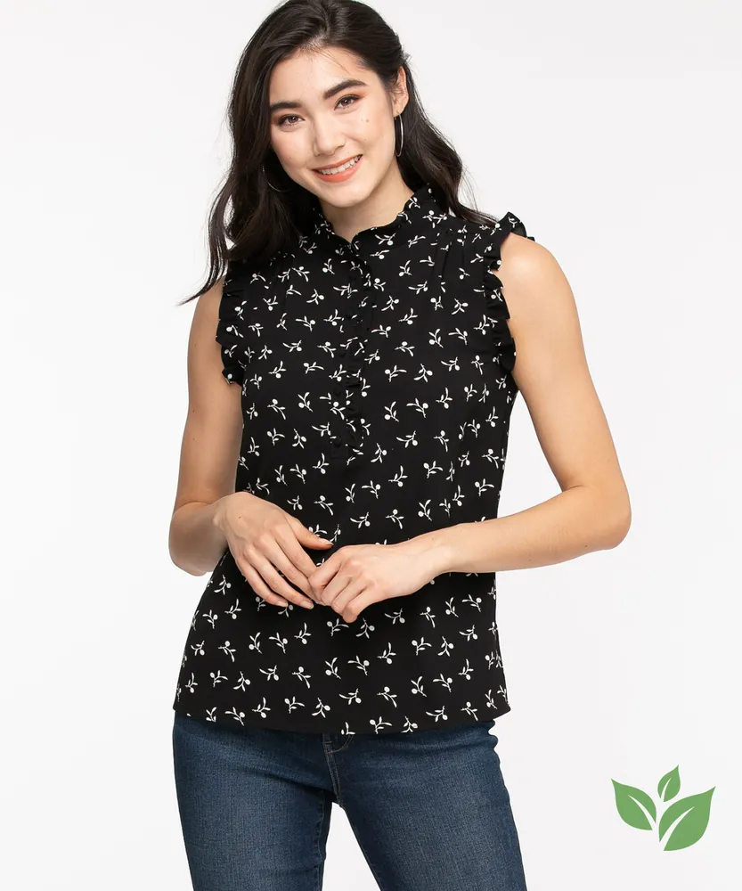 Eco-Friendly Mock Neck Ruffled Henley Blouse