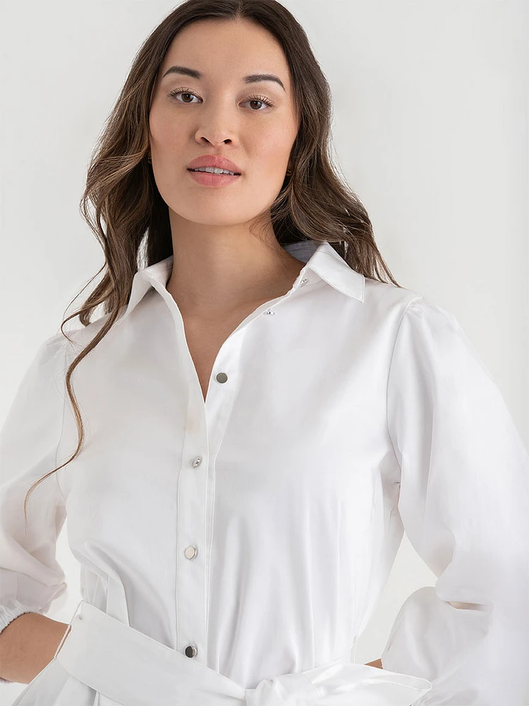 Puff Sleeve Belted Midi Shirtdress Luxe Poplin