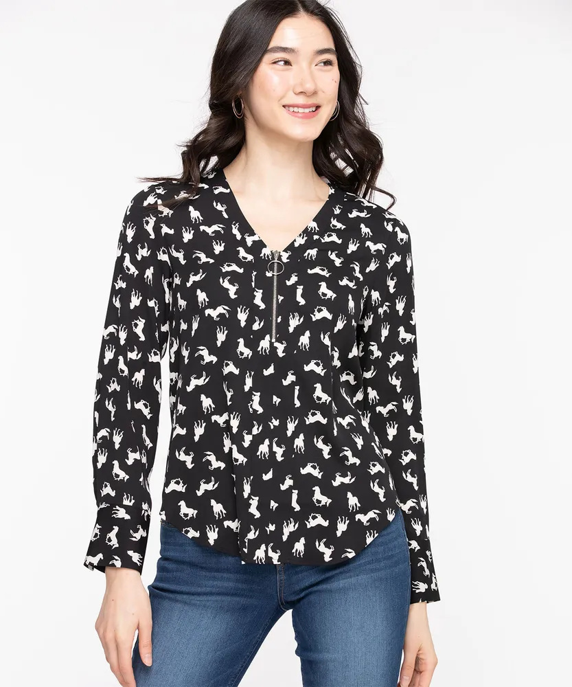 Zipper Front Popover Blouse