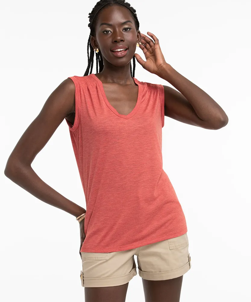 Smocked Shoulder V-Neck Tee