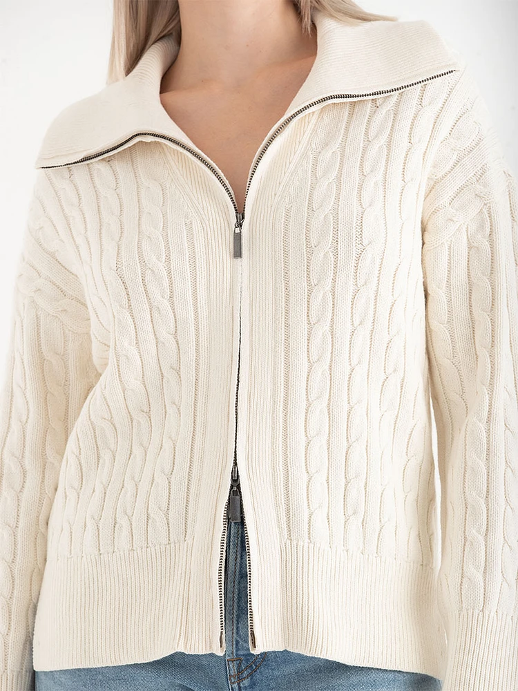 Cable Knit Zip Front Cardigan