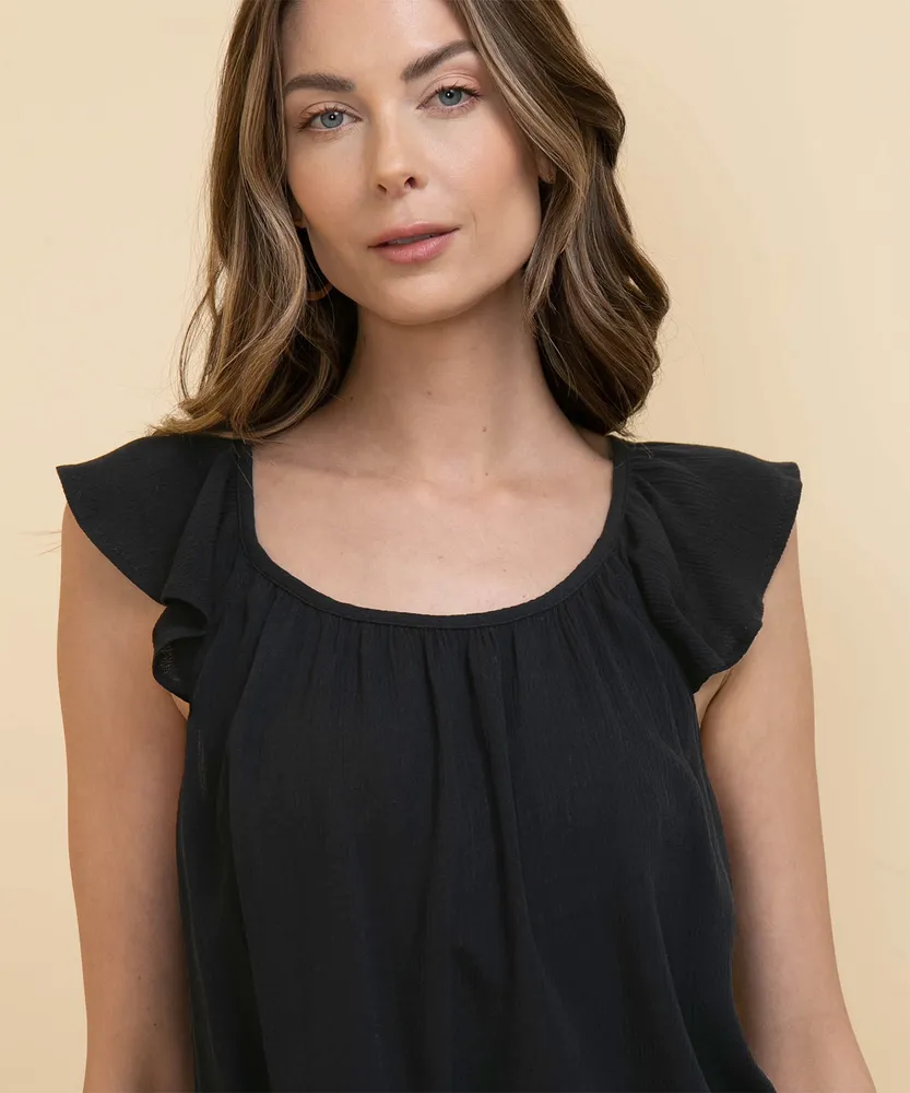 Scoop Neck Blouse with Flutter Shoulders