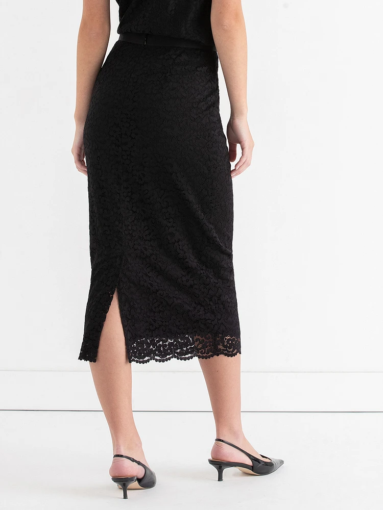 Lace Overlay Midi Skirt