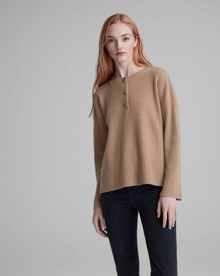 Cashmere Blend Ribbed Henley Sweater