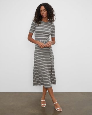 Striped Short Sleeve Rib-Knit Midi Dress