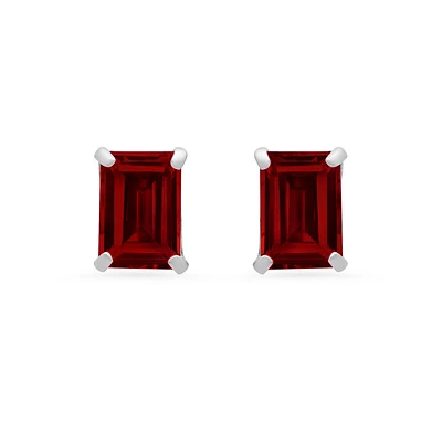 Emerald-Cut Garnet Solitaire Stud Earrings in 14k White Gold