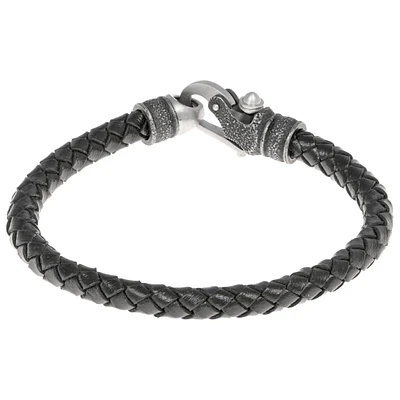 Men's Stainless Steel Clasp Double Black Braid Leather Bracelet