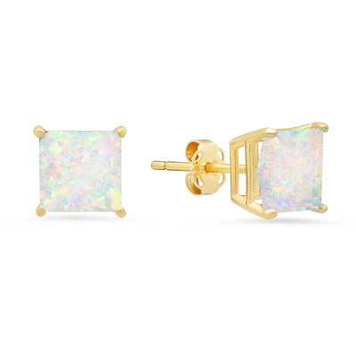 Princess-Cut Created Opal Solitaire Stud Earrings in 14k Yellow Gold