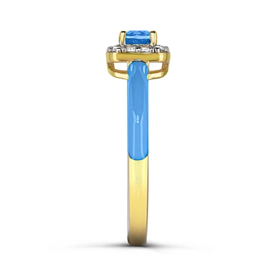 Cushion-Cut Swiss Blue Topaz Halo Enamel Ring in Yellow Gold Plated Sterling Silver