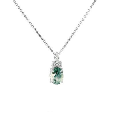 Oval-Cut Moss Agate with Created White Sapphire Pendant in Sterling Silver