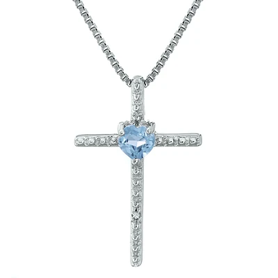 Created Aquamarine Heart Cross Pendant in Sterling Silver