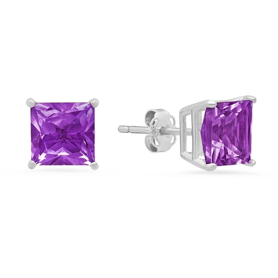 Princess-Cut Amethyst Solitaire Stud Earrings in 14k White Gold