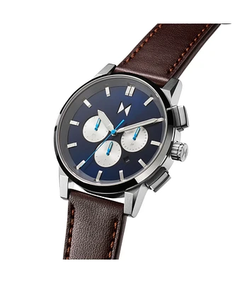 MVMT Men's Chrono II Blue Dial Brown Leather Strap Stainless Steel 44mm Watch 28000429-D