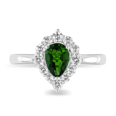Pear Shape Chrome Diopside & Diamond Halo Ring 10k White Gold