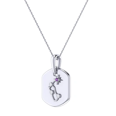 Diamond and Amethyst Aquarius Constellation Zodiac Tag Necklace in Sterling Silver