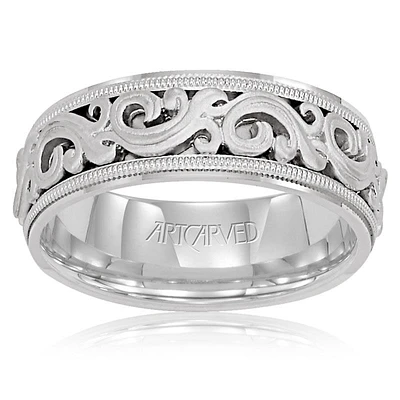 ArtCarved Men's 7.5mm White Scroll Comfort Fit Wedding Band in 14k White Gold