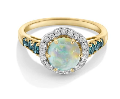 JK Crown Moonstone Pink Tourmaline London Blue Topaz Diamond Ring in 10k Yellow Gold