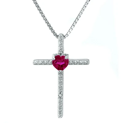 Created Ruby Heart Cross Pendant in Sterling Silver