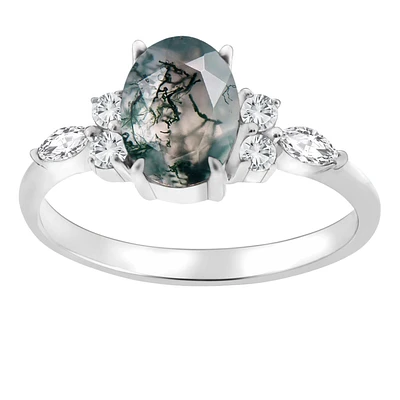 Oval-Cut Moss Agate with Created White Sapphire Ring in Sterling Silver