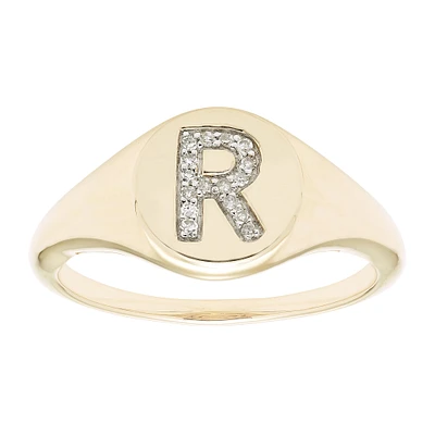 Diamond Initial R Signet Ring in 14k Yellow Gold