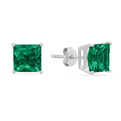 Princess-Cut Created Emerald Solitaire Stud Earrings in 14k White Gold