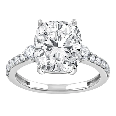 Cushion-Cut Lab Grown 4ctw. Diamond Elongated Cushion Three-Stone Plus Enagement Ring in 14k White Gold