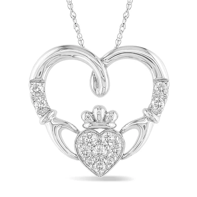 Diamond Heart Claddagh Pendant in 10k White Gold