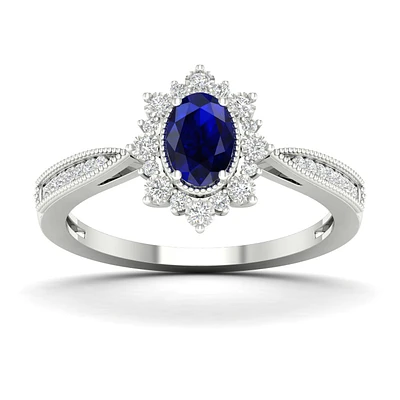 Oval Blue Sapphire Vintage Halo Ring in 10k White Gold