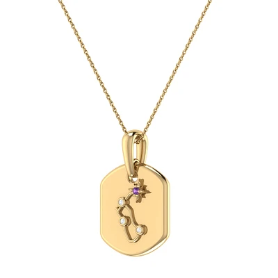 Diamond and Amethyst Aquarius Constellation Zodiac Tag Necklace in 14k Yellow Gold Plated Sterling Silver