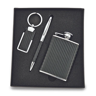 Faux Leather Key Ring, Pen and Flask Gift Set