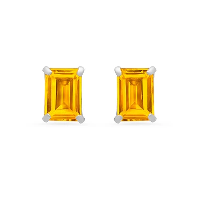 Emerald-Cut Citrine Solitaire Stud Earrings in 14k White Gold