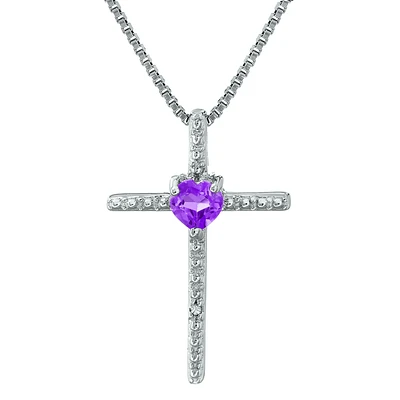 Amethyst Heart Cross Pendant in Sterling Silver