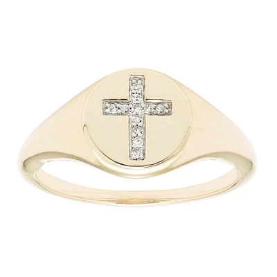 Diamond Cross Signet Ring in 14k Yellow Gold