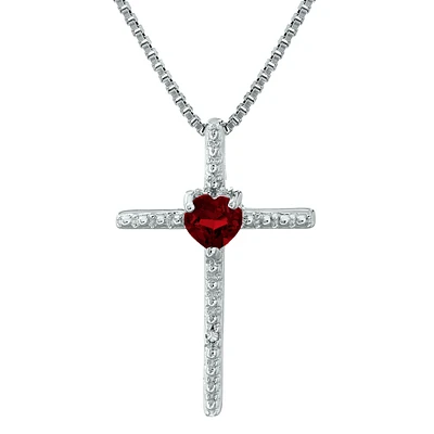 Garnet Heart Cross Pendant in Sterling Silver